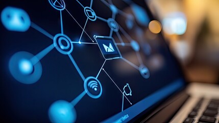 Poster - A close-up of a laptop screen showing network connectivity icons, with a clean, blurred background providing space for text.