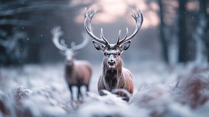 A magnificent stag with imposing antlers stands alert in a snowy forest setting, evoking awe and respect, embodying the quiet majesty of the wild.