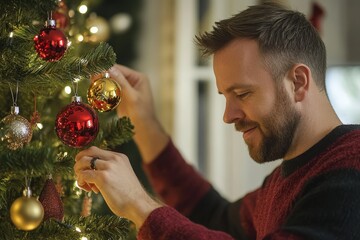 Sticker - A man is decorating a Christmas tree with red and gold ornaments