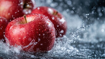 A captivating image showcasing the vitality and freshness of red apples as they are immersed in and splashed by water, highlighting their juicy appeal and vibrant color.