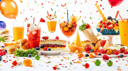 Jubilant Feast: A vibrant tableau of delectable treats, colorful balloons, and celebratory confetti, capturing the essence of a joyous occasion. A feast for the eyes and the senses.