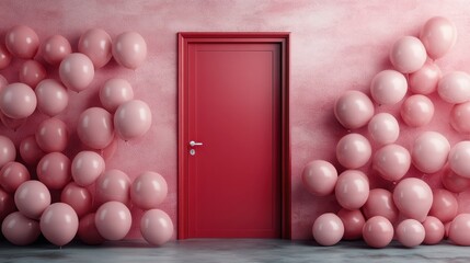 A contemporary red door surrounded by pink balloons highlights a playful and imaginative composition, perfect for creative and modern interior design lovers.