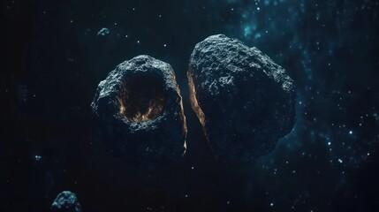 Wall Mural - a close-up view of a binary asteroid system, showcasing two asteroids orbiting each other in a delic