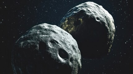 Wall Mural - a close-up view of a binary asteroid system, showcasing two asteroids orbiting each other in a delic