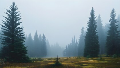 Wall Mural - Enchanted misty forest landscape with towering fir trees and a serene atmosphere