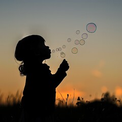 Sticker - A young girl blowing bubbles in a field at sunset