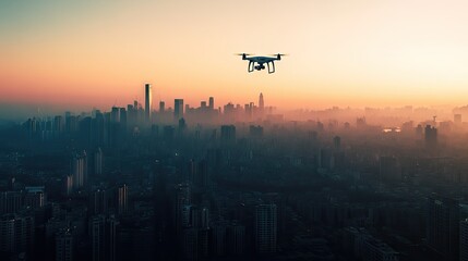 Poster - A drone flying high over a cityscape with a clear sky providing space for text.