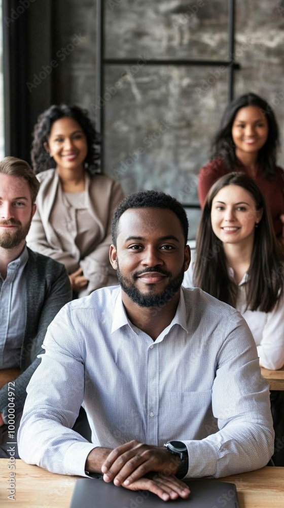 Diverse group of professionals gathered in modern office setting ...