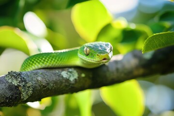 Wall Mural - Green Snake on a tree .generative ai