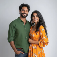 Canvas Print - happy Indian couple standing on white background