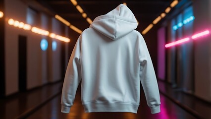  Neon color blank premium hoodie mockup .Blank sweatshirt white color preview template front and back view on black brown background. Hoodie stylish collection. Neon stick light decoration background