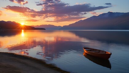 Wall Mural - Serene sunset reflecting on tranquil lake waters