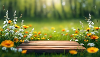 Wall Mural - Vibrant spring meadow backdrop featuring a wooden plank for product showcases against a softly blurred natural landscape