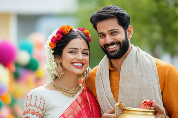 Canvas Print - A happy Indian couple holding the Pongal pot and wearing traditional attire, with an abstract background