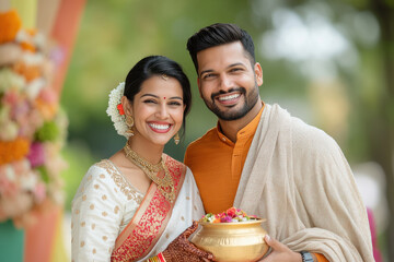 Poster - A happy Indian couple holding the Pongal pot and wearing traditional attire, with an abstract background