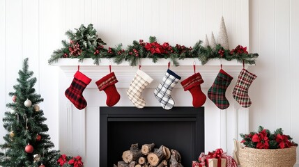 A mantel decorated with holiday garlands and stockings, with a clear wall above for adding copy.