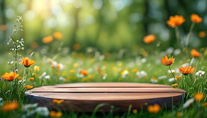 Wall Mural - Vibrant spring meadow backdrop featuring a wooden plank for product showcases against a softly blurred natural landscape