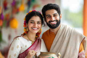 Canvas Print - A happy Indian couple holding the Pongal pot and wearing traditional attire, with an abstract background