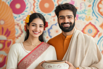 Poster - A happy Indian couple holding the Pongal pot and wearing traditional attire, with an abstract background