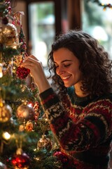 Canvas Print - A woman is decorating a Christmas tree with ornaments