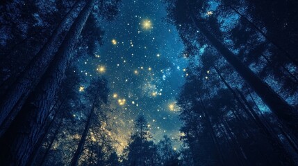 Wall Mural - a starry sky over a forest, with constellations like virgo and leo visible among the towering trees 