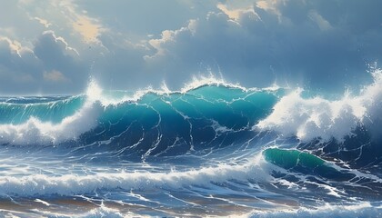 Wall Mural - Majestic ocean wave crashing against rocky shore under a clear blue sky