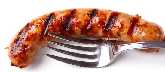 Canvas Print - Grilled Sausage On Fork Isolated On White