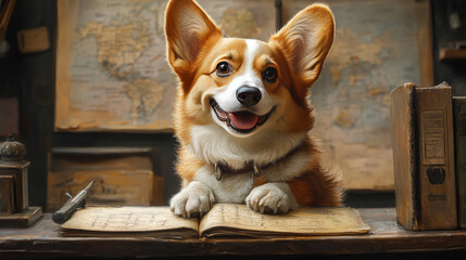 Canvas Print - Smiling corgi dog  rests paws on an open book.