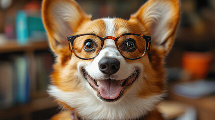 Sticker - A corgi dog wearing glasses and smiling.