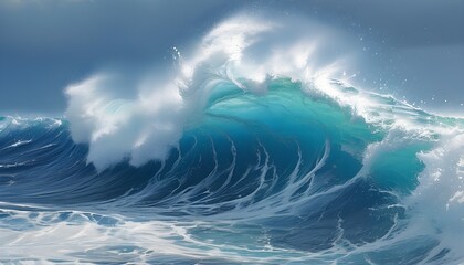 Wall Mural - Majestic ocean wave crashing against rocky shore under a clear blue sky