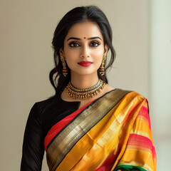 Wall Mural - Young beautiful indian woman in traditional saree and gold jewelery.