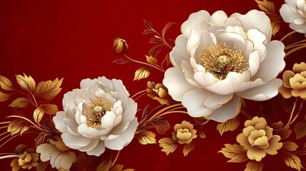 Luxurious Chinese New Year vector with gold peony flower art on a rich red background, designed for advertising and packaging, Gold Peony Vector, Opulent festive illustration