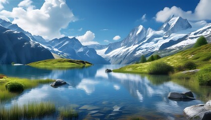 Wall Mural - Serene Reflection of Majestic Peaks in Crystal Clear Mountain Lake