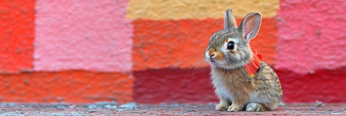 Sticker - Cute bunny with a red bow sitting in front of a colorful wall.