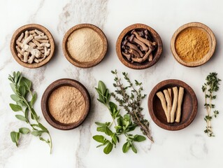 A flat lay of organic adaptogen ingredients like ashwagandha, reishi mushrooms, and maca powder, arranged in wooden bowls with fresh herbs, promoting natural stress relief and balance