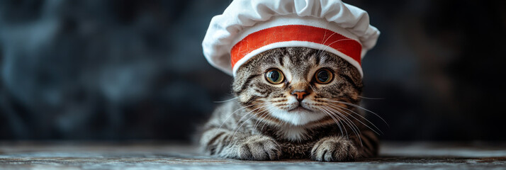 A tabby cat wearing a chef's hat, looking adorable.