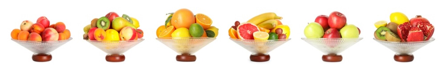 Poster - Glass bowl with fresh different fruits isolated on white, collage