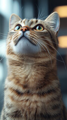 Poster - A tabby cat looking up with curious eyes.