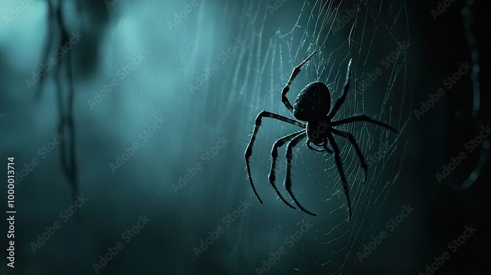 A spider hanging from a web in a dark, moody setting with a lot of ...
