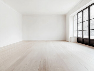 Spacious, empty room with light wood flooring and large windows in a bright and minimalistic interior setting