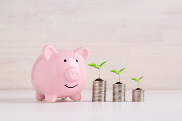 Wall Mural - Stacked coins with green seedlings and piggy bank on white table