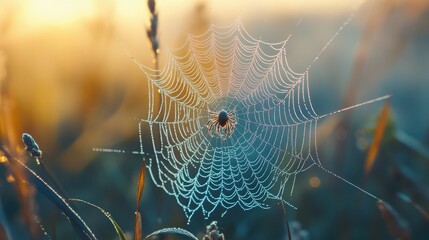 A spider intricate web glistening with dew in the morning light, with plenty of open space around for adding copy. -