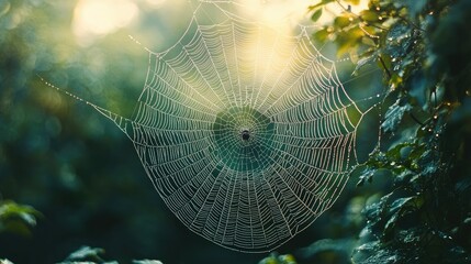 A spider intricate web glistening with dew in the morning light, with plenty of open space around for adding copy. -