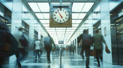 A busy urban corridor with people in motion, featuring a large clock marking the passage of time.