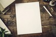 © Tanakrit - A blank sheet of paper on a rustic wooden desk, surrounded by a pen and decorative items, inviting creativity and note-taking.