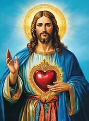 Jesus Christ, sacred heart, blue background, holy light behind his head, hand outstretched to the viewer with fingers up and palm facing upwards