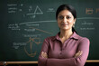 © Neha - Indian female teacher standing in front of a blackboard with math equations.