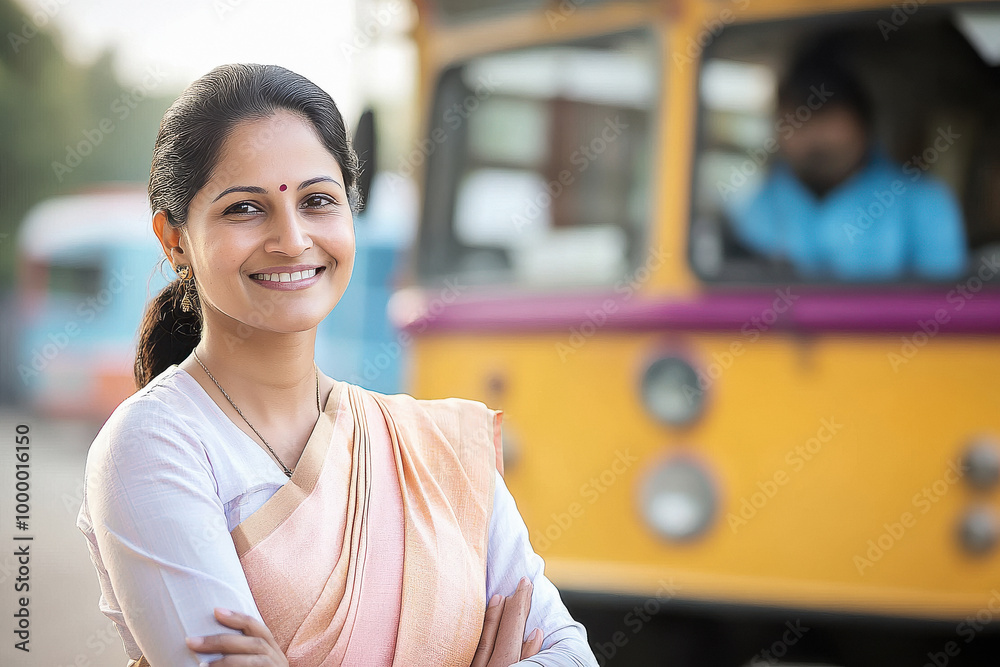 Indian female teacher standing in front of a school bus, wearing a ...