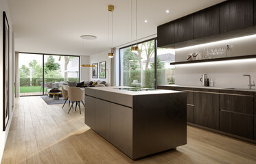 Poster - modern kitchen interior. 3D rendering