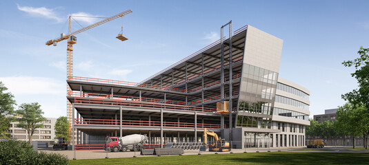 Poster - construction site with crane. 3D rendering